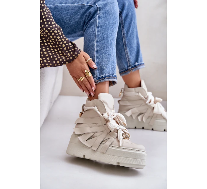 Kožené Dámské Tenisky Na Masivní Platformě Béžové CheBello 4561