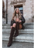 Semišové Kozačky Na Podpatku Zip Čokoládové model 21705071 - Boto