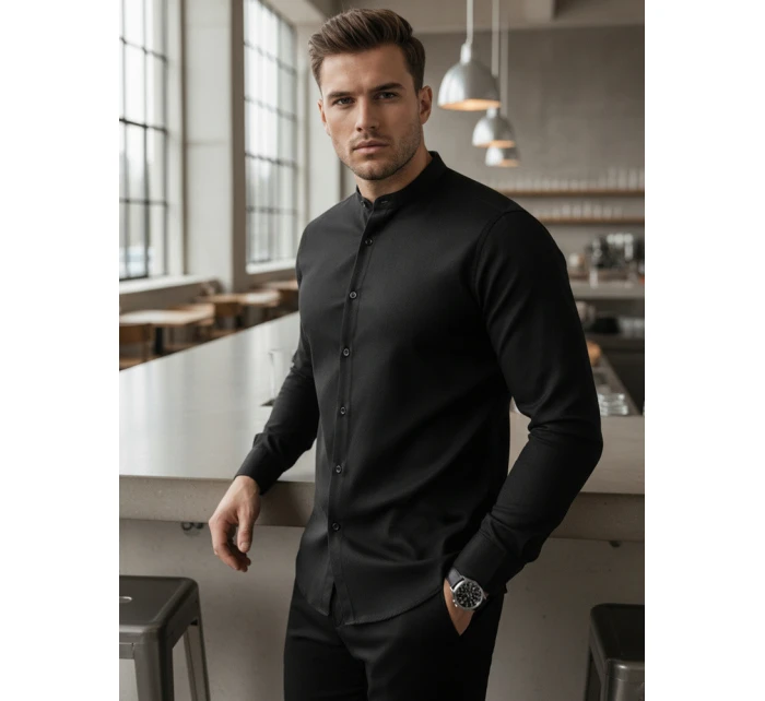 Pánská neformální černá košile SLIM FIT se stojáčkem FashionStreet DX2597