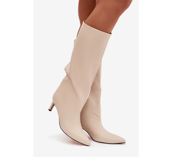 Dámské nazouvací vyhřívané kozačky na jehle světle béžové olivové