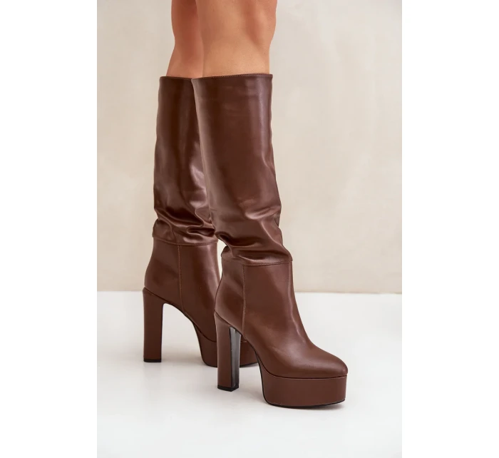 Kozačky na sloupku a platformě z eko kůže hnědé Felilorn