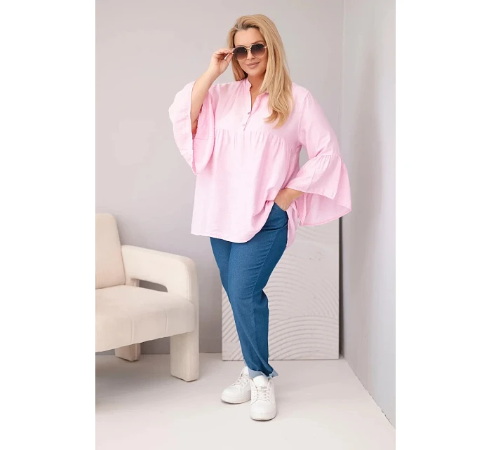 Dámská viskózová halenka Plus Size s volánovým rukávem a výstřihem do V cukrově růžová