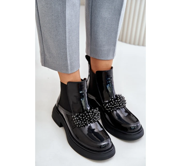 Kožené Lakované Botky S Dekorací Nazouvací Zateplené Černé model 21675534 - EVENTO