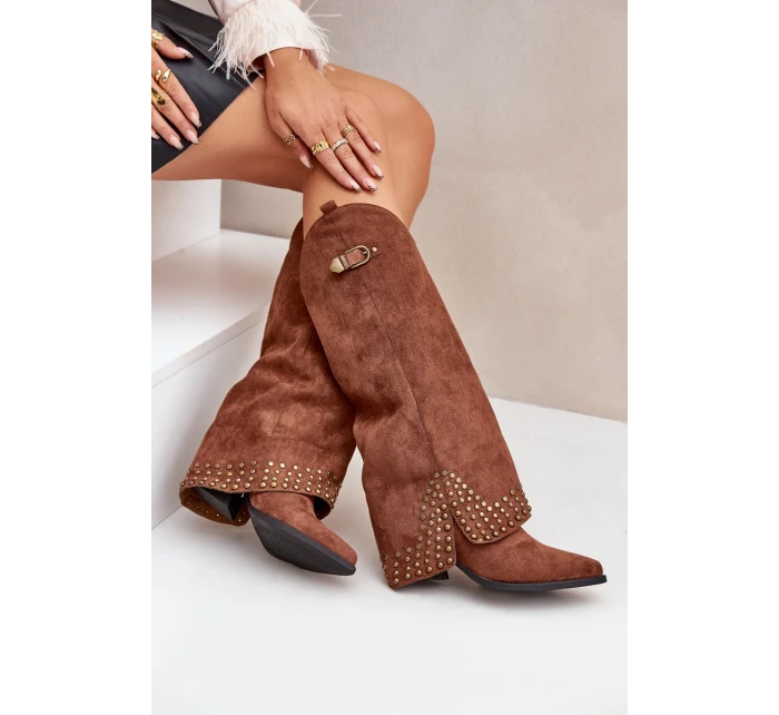 Kozačky s ohrnutým svrškem na podpatku hnědé Iveliri