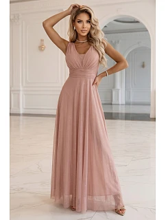 Dlouhé maxi šaty s a hlubokým výstřihem pudrově růžové model 22085441 - numoco basic