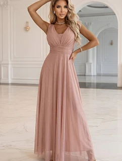 637-7 Dlouhé maxi šaty s brokátovým akcentem a hlubokým výstřihem - pudrově růžové