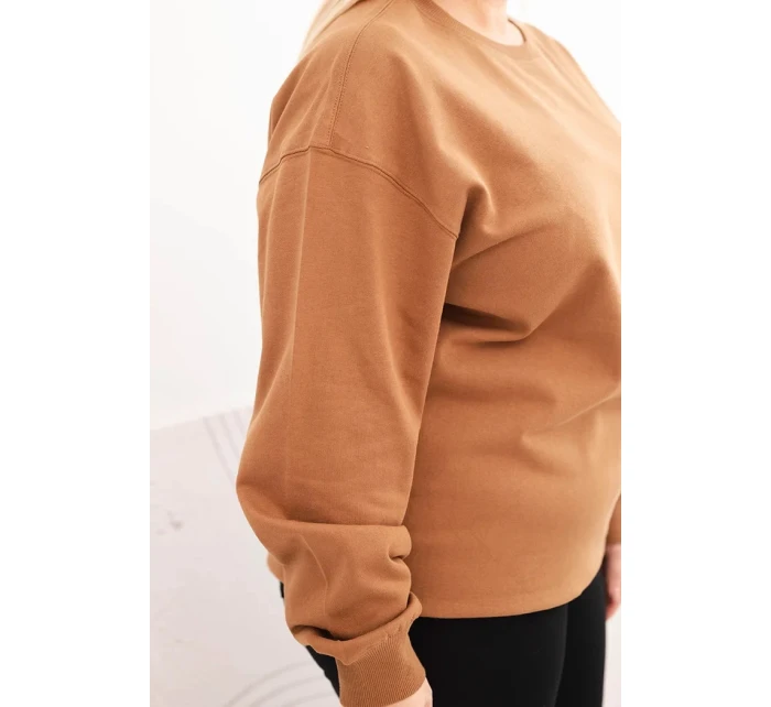 Dámská mikina Plus Size bavlněná basic s kulatým výstřihem camelová