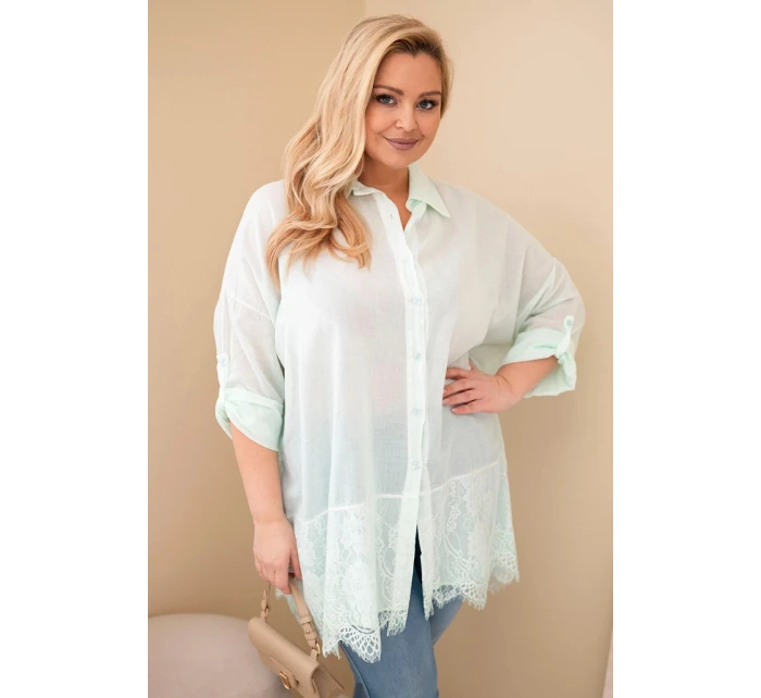 Dámská košile Plus Size bavlněná s krajkovým zakončením mentolová