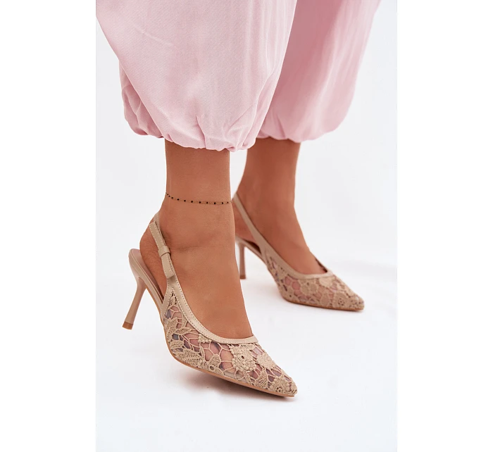Dámské sandály na podpatku s krajkou tmavě béžové Pelivelle Dámské sandály na podpatku s krajkou tmavě béžové Pelivelle