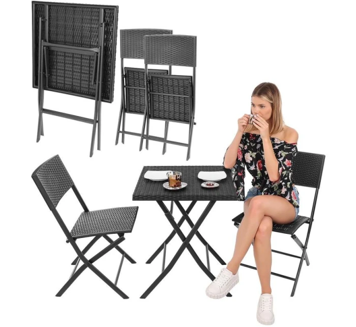 BALKONOVÝ NÁBYTEK SET STŮL 58X58X70CM A 2 ŽIDLE ČERNÁ