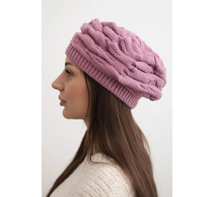 Dámská zimní čepice z vlny s ozdobným pletením a kamínky K397 fialová