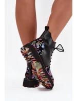 Kožené dámské kotníkové boty s květinami zateplené Artiker 57C0180 Černé