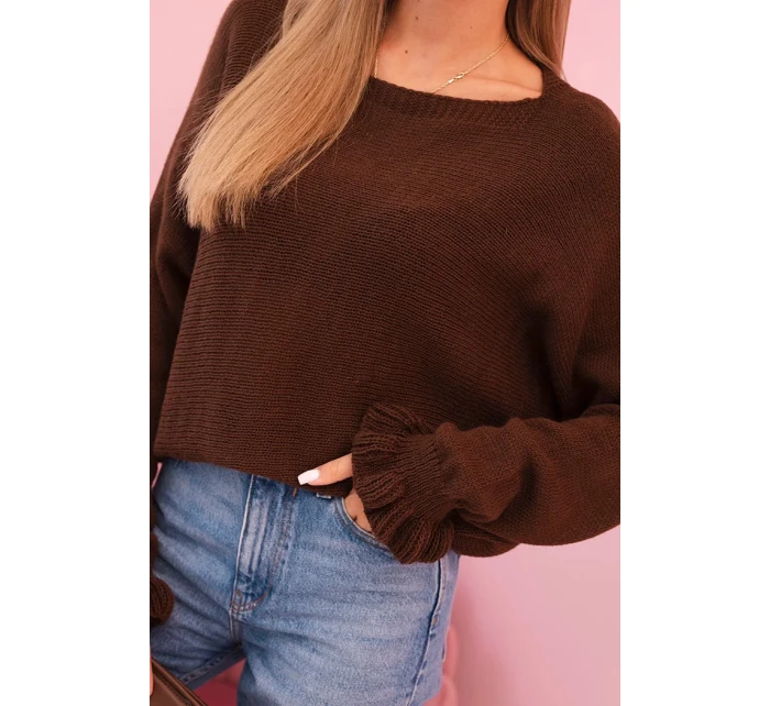 Svetr dámský z mohéru s nařasenými rukávy a výstřihem na zádech hnědý Svetr dámský z mohéru s nařasenými rukávy a výstřihem na zádech hnědý