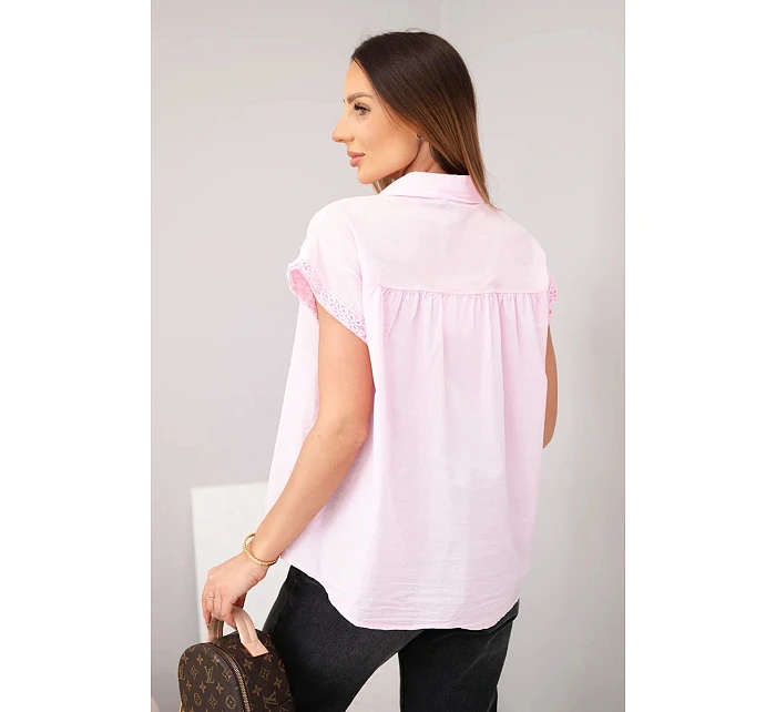 Dámská bavlněná košilová halenka s krajkou a krátkým rukávem bonbónově růžová Dámská bavlněná košilová halenka s krajkou a krátkým rukávem bonbónově růžová