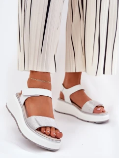 Dámské Kožené Sandály Na Platformě A Klínu Na Suchý Zip S.Barski LR51-543 Stříbrné