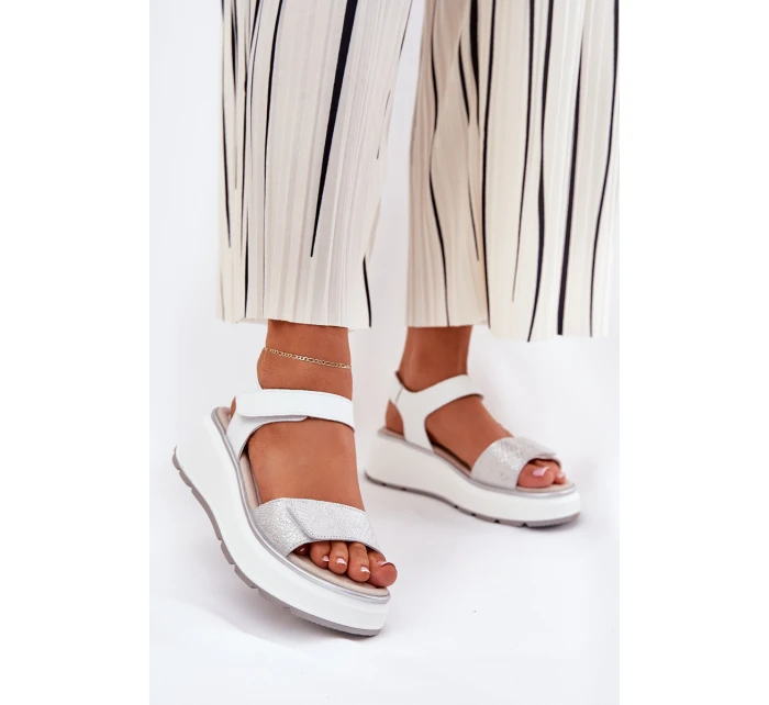 Dámské Kožené Sandály Na Platformě A Klínu Na Suchý Zip model 21690910 Stříbrné - S.Barski