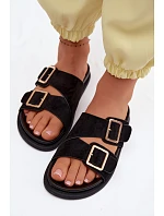 Dámské nazouváky z imitace semiše s zlatými přezkami Černé Selissea