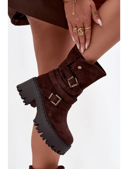 Dámské botky na masivním podpatku s pásky a přezkami Nerelisa – čokoládové