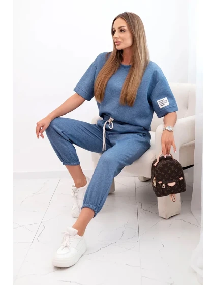 Dámský viskózový komplet s krátkým rukávem a nohavicemi džínový melír