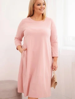 Dámská bavlněná šaty Plus Size s ohrnutým rukávem a kapsami pudrově růžová