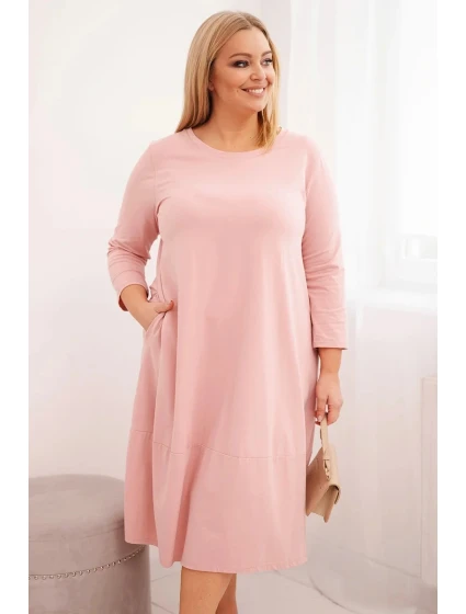 Dámská bavlněná šaty Plus Size s ohrnutým rukávem a kapsami pudrově růžová Dámská bavlněná šaty Plus Size s ohrnutým rukávem a kapsami pudrově růžová
