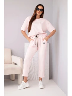 Dámská viskózová souprava s krátkým rukávem a kalhotami s ohrnovaným lemem cukrová růžová