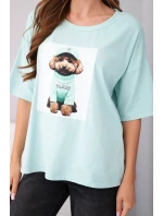 Dámská bavlněná oversize halenka s krátkým rukávem a potiskem mentolová