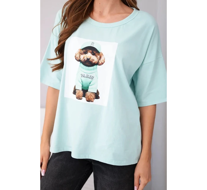 Dámská bavlněná oversize halenka s krátkým rukávem a potiskem mentolová