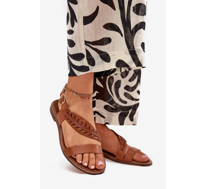 Dámské sandály z přírodní kůže na plochém podpatku Zazoo 3564 Camel Dámské sandály z přírodní kůže na plochém podpatku Zazoo 3564 Camel