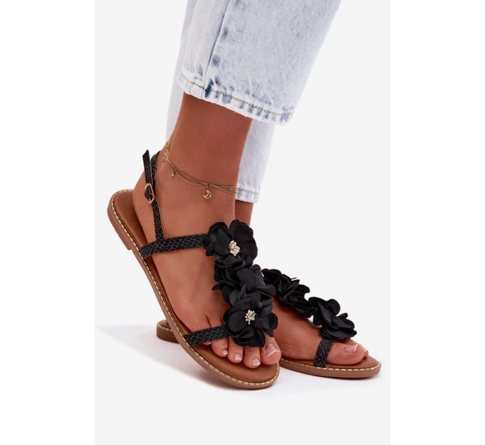 Dámské sandály Ploché S Dekorativními Květinami Černé Noemia