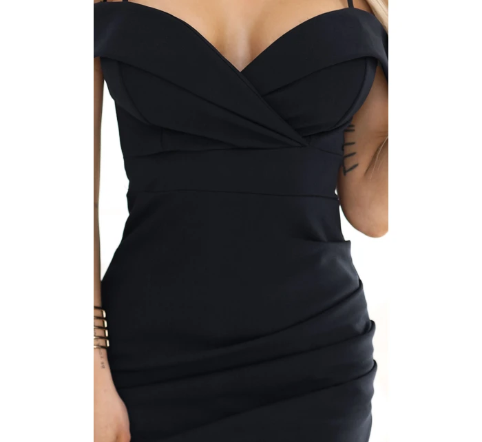 564-11 CALLIE Midi šaty s odhalenými rameny a výstřihem - černé