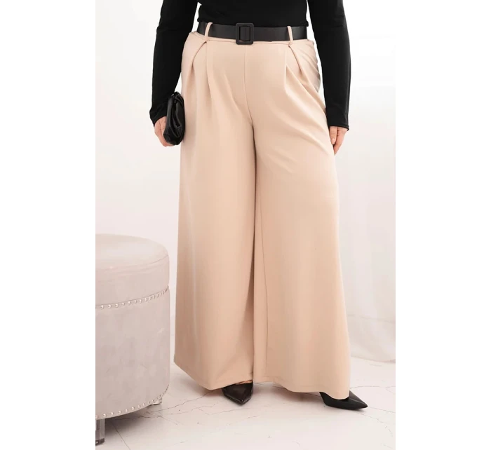 Dámské kalhoty Plus Size s širokou nohavicí a páskem béžové