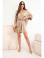 Dámský viskózový komplet, košile s knoflíky a volné kraťasy camelový