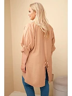 Dámská Plus Size bavlněná košile s knoflíky a límcem velbloudí Dámská Plus Size bavlněná košile s knoflíky a límcem velbloudí