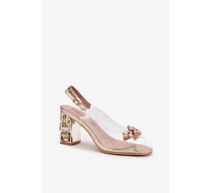 Průhledné sandály na podpatku s krystaly Vinceza 70110 zlaté