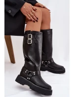 Kožené dámské kozačky s přezkami zateplené Big Star model 21758949 černé - Big Star Shoes Kožené dámské kozačky s přezkami zateplené Big Star model 21758949 černé - Big Star Shoes