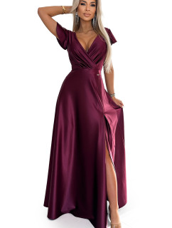 Dámské třpytivé dlouhé šaty s výstřihem Numoco CRYSTAL - vínové