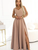 640-4 LORETTA jedinečné dlouhé šaty s tylovými rukávy a výstřihem - béžové