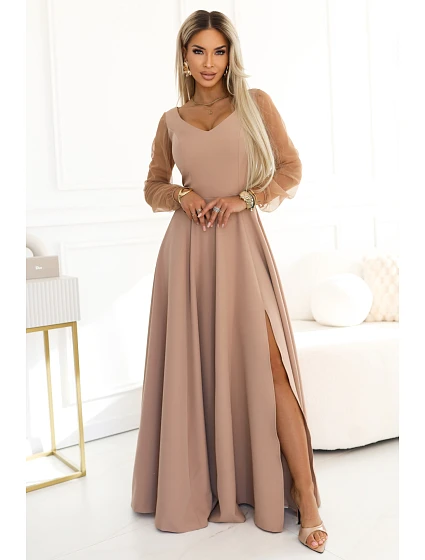 640-4 LORETTA jedinečné dlouhé šaty s tylovými rukávy a výstřihem - béžové 640-4 LORETTA jedinečné dlouhé šaty s tylovými rukávy a výstřihem - béžové