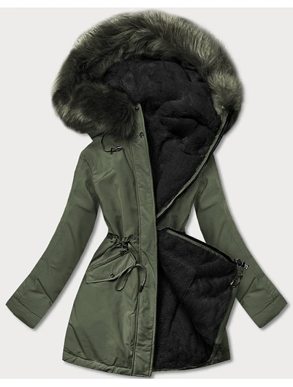 Dámská teplá zimní bunda oboustranná khaki-černá (w610)