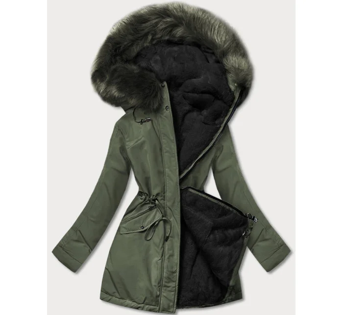 Khaki-černá teplá oboustranná dámská zimní bunda (w610)