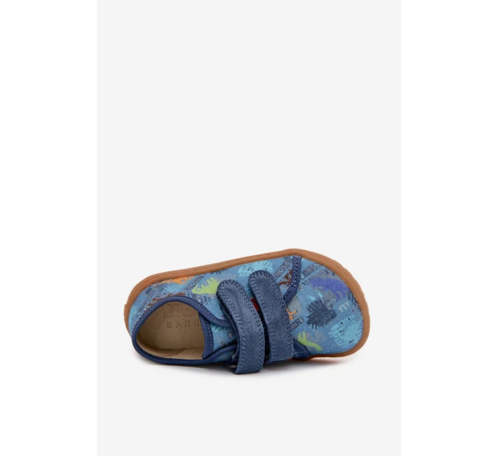 Dětské domácí pantofle Barefoot Dinosauři Froddo Canvas G1700440-15 Modré