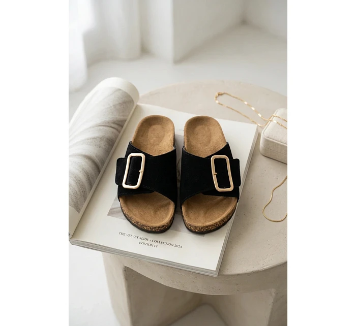 Kožené semišové dámské pantofle s přezkou černé Beryl