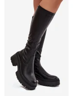 Dámské kozačky na masivním podpatku a platformě, nazouvací Florinne – černé Dámské kozačky na masivním podpatku a platformě, nazouvací Florinne – černé