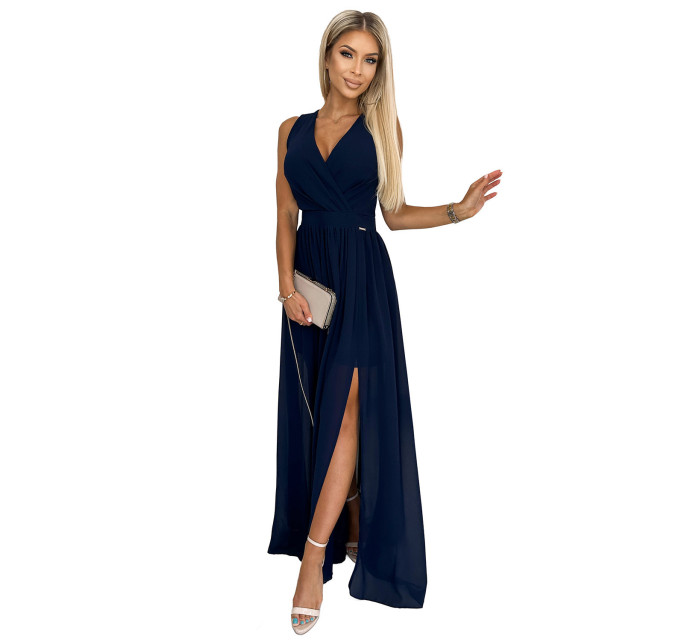 Tmavě modré dlouhé dámské šaty s výstřihem a zavazováním model 18409728 - numoco