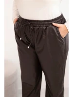 Dámské kalhoty Plus Size z ekologické kůže s vysokým pasem a gumou v pase hnědé