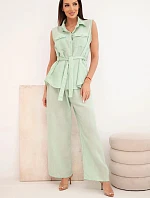 Dámský komplet s halenkou na zavazování a širokými kalhotami mentolový