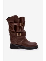 Vlněné dámské kozačky do poloviny lýtka s pásky a přezkami hnědé Halvessa