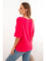Dámský svetr z měkkého chlupatého materiálu s V výstřihem krátký rukáv růžový