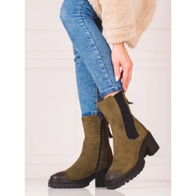 Zajímavé dámské  kotníčkové boty hnědé na širokém podpatku